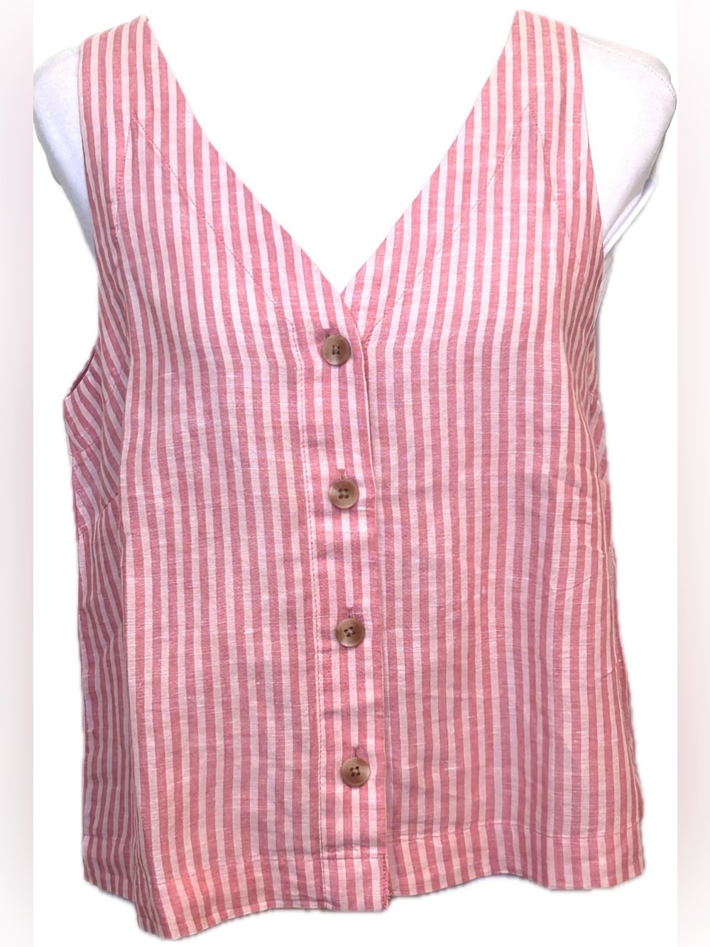 Tablets Striped Pink Linen-Blend Button Front Tank Top